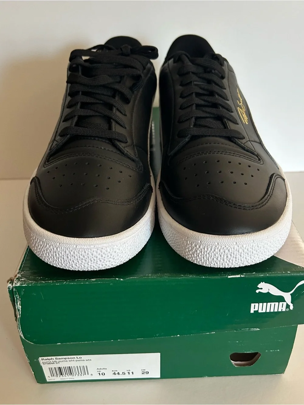 Puma Ralph Sampson Lo Black Leather Sneakers w/White Formstrip and Gold Script